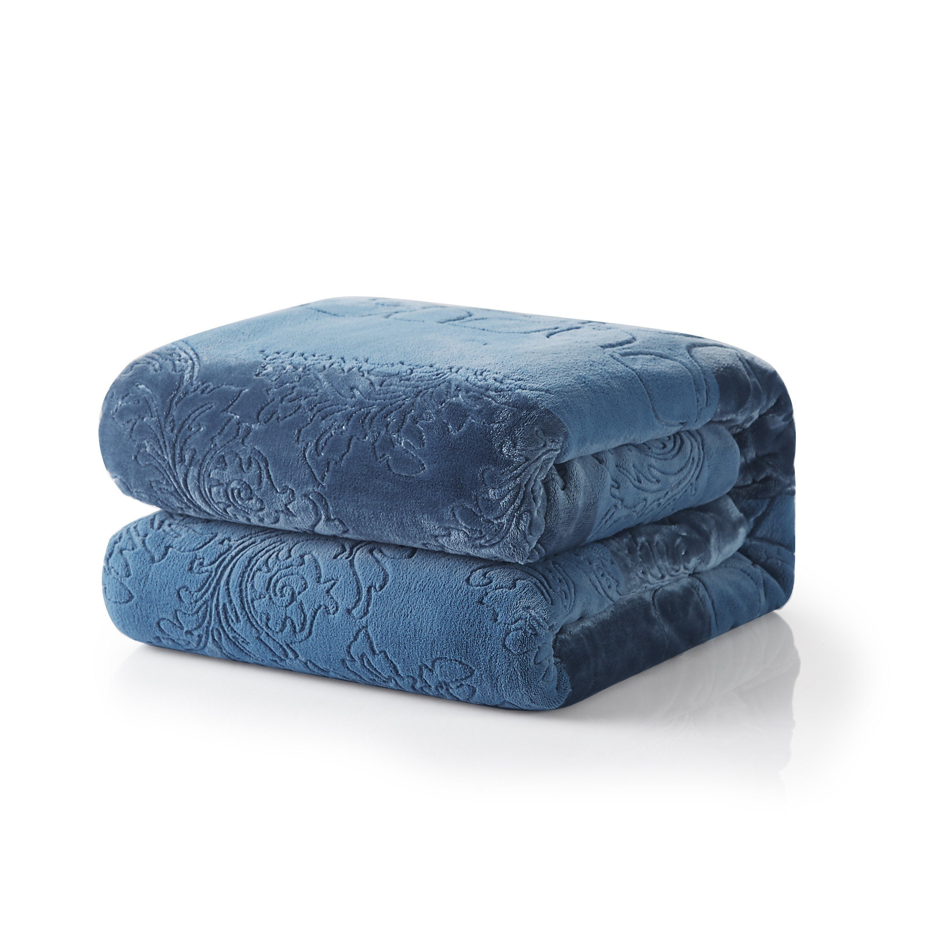 Tache Solid Embossed Rainy Day Grey Blue Sherpa Throw Blanket (62090)