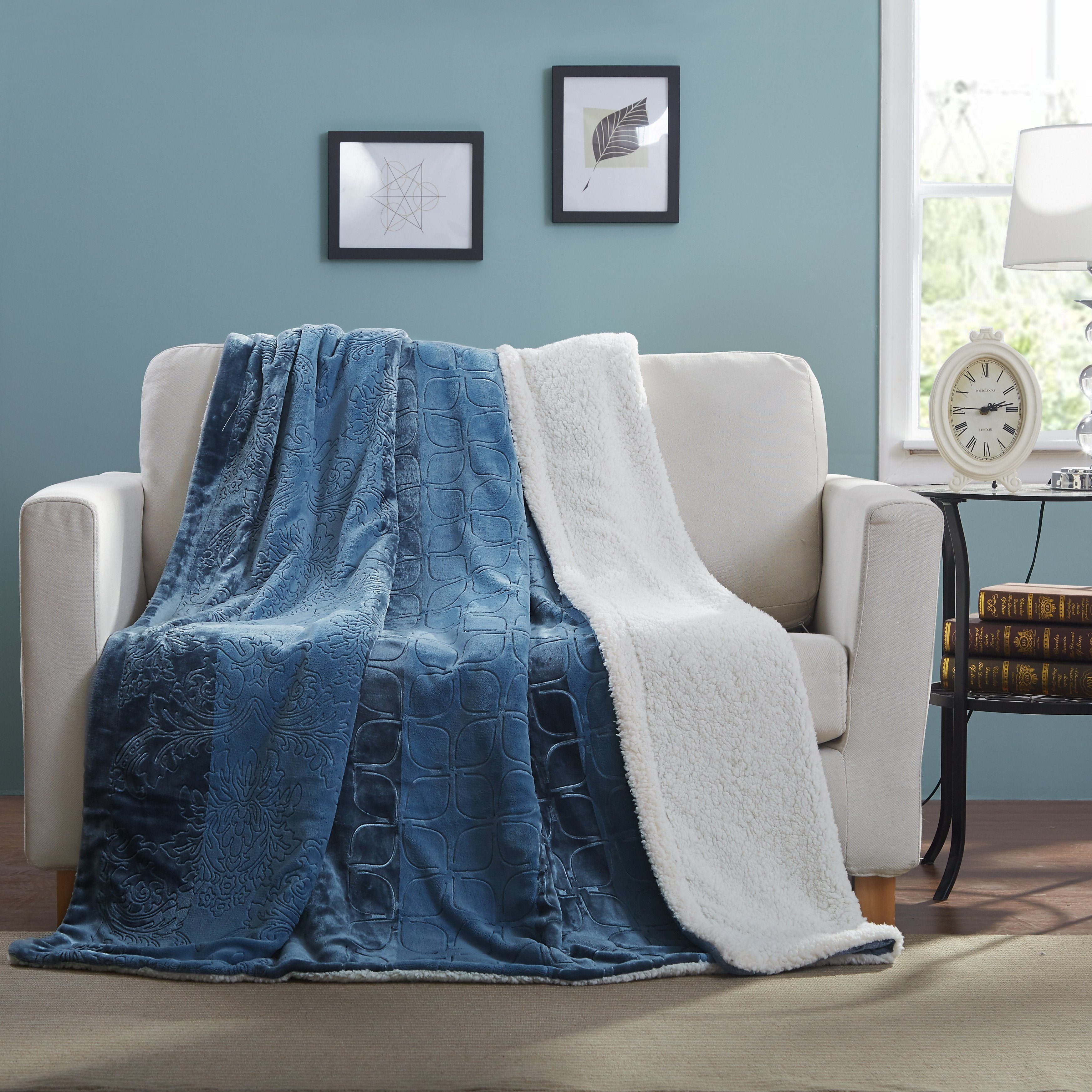 Tache Solid Embossed Rainy Day Grey Blue Sherpa Throw Blanket (62090)
