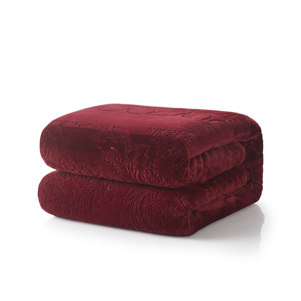 Tache Solid Embossed Merlot Red Reversible Sherpa Throw Blanket (62087)