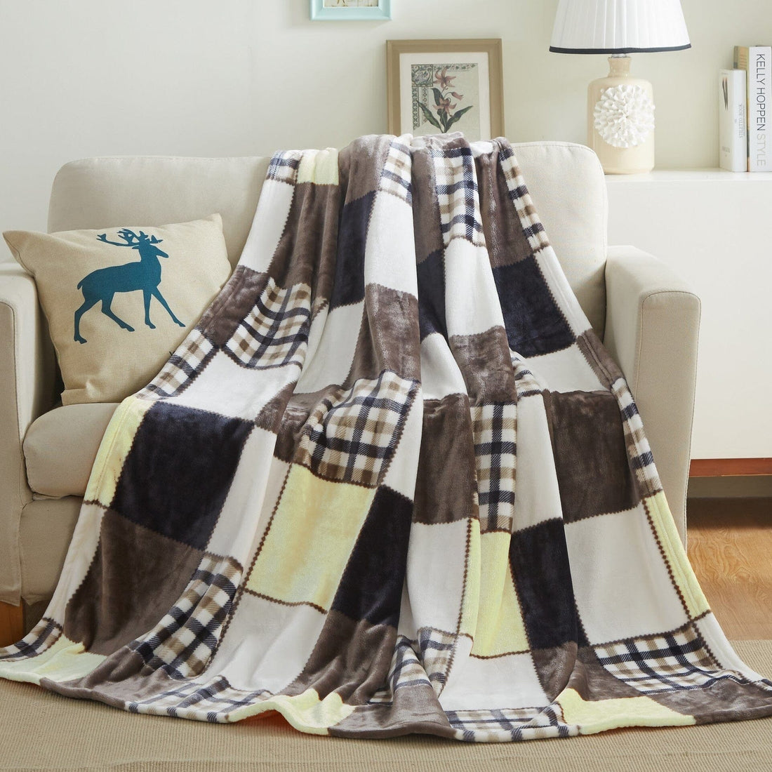 Taterbush Buttermilk Fall Yellow Brown Farmhouse Super Soft Plaid Patchwork Throw Blanket (4026)