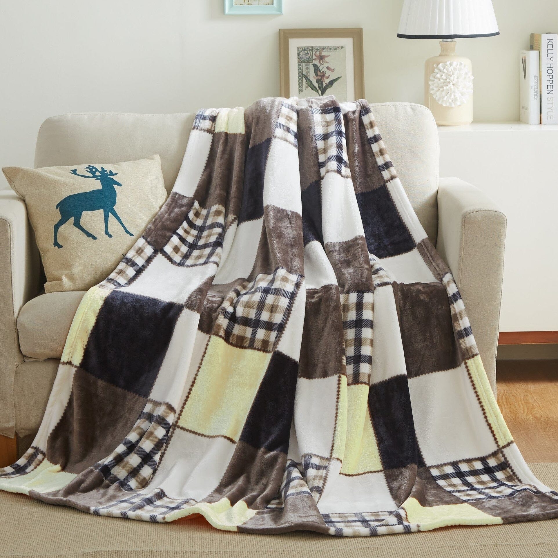 Tache Buttermilk Fall Yellow Brown Farmhouse Super Soft Plaid Patchwork Throw Blanket (4026)