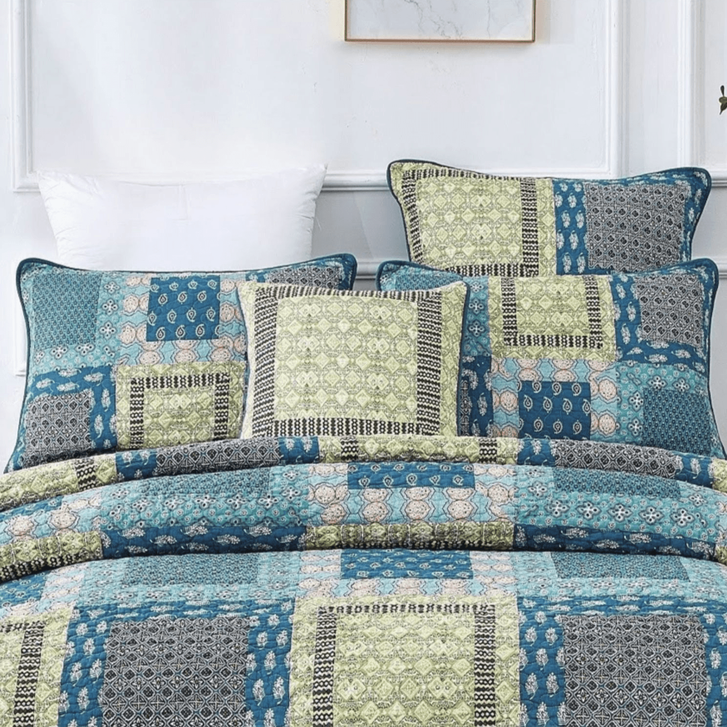 Tache Cotton Patchwork Teal Blue Green Paisley Bohemian Ocean Pillow Sham (JHW-888)