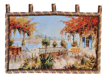 Taterbush Tapestry Summer Ocean View Coastal Table for Two Wall Hanging Art 28 x 47 (13571B)