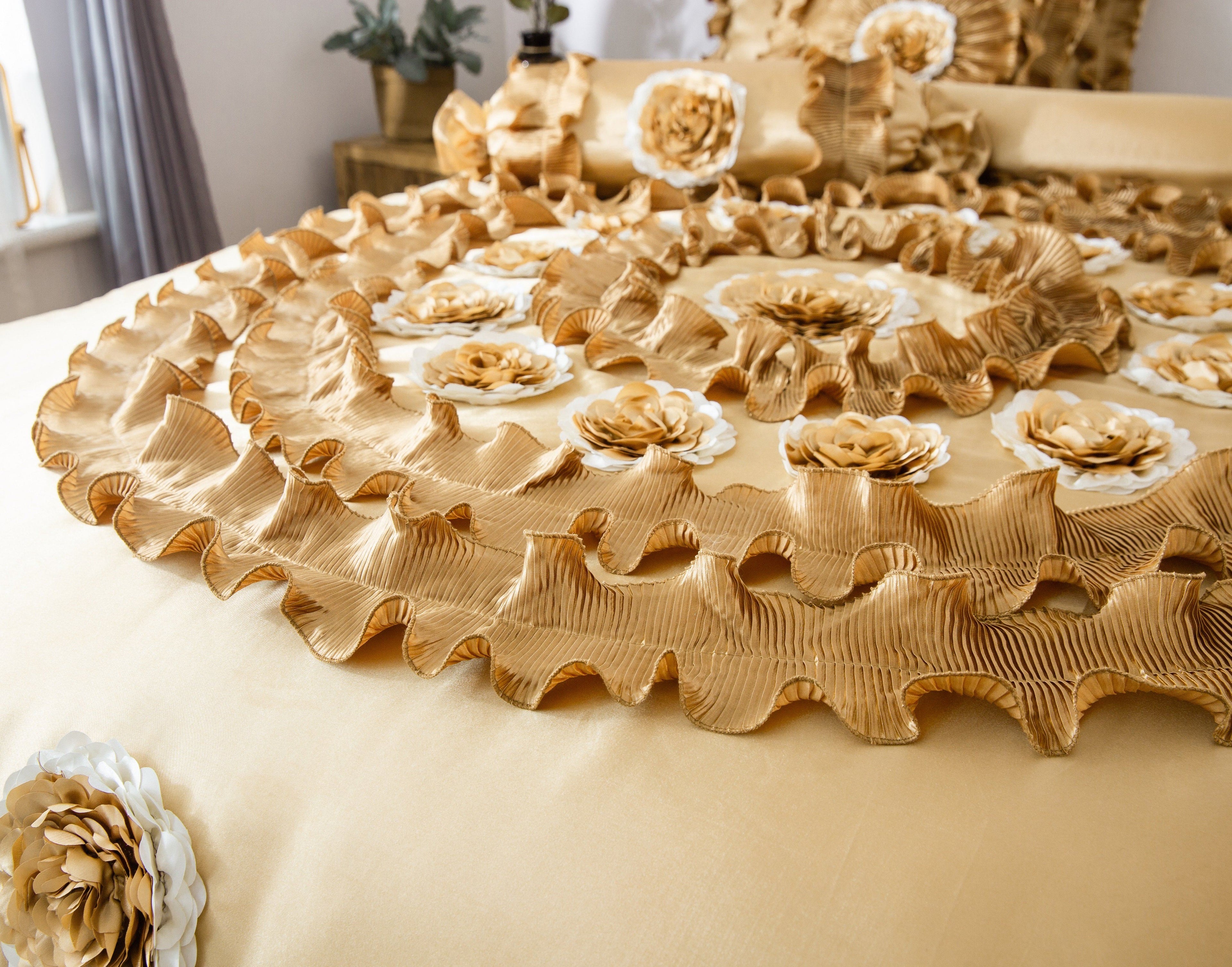Tache Satin Ruffle Floral Gold Caramel Latte Comforter (BM4578)