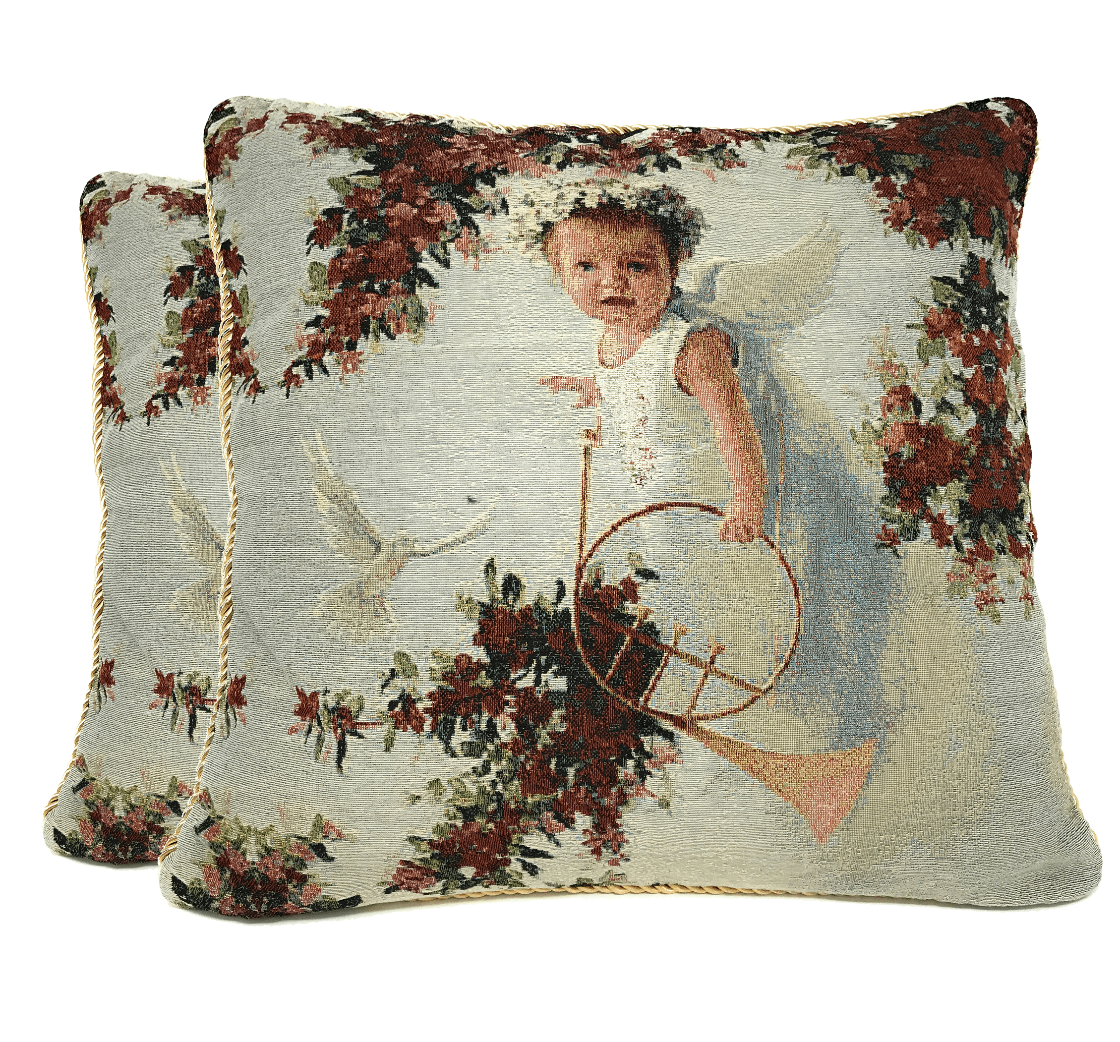 Tache Cupid's Horn Antique Rose Bird Dove Woven Tapestry Throw Pillow Cover (16375)