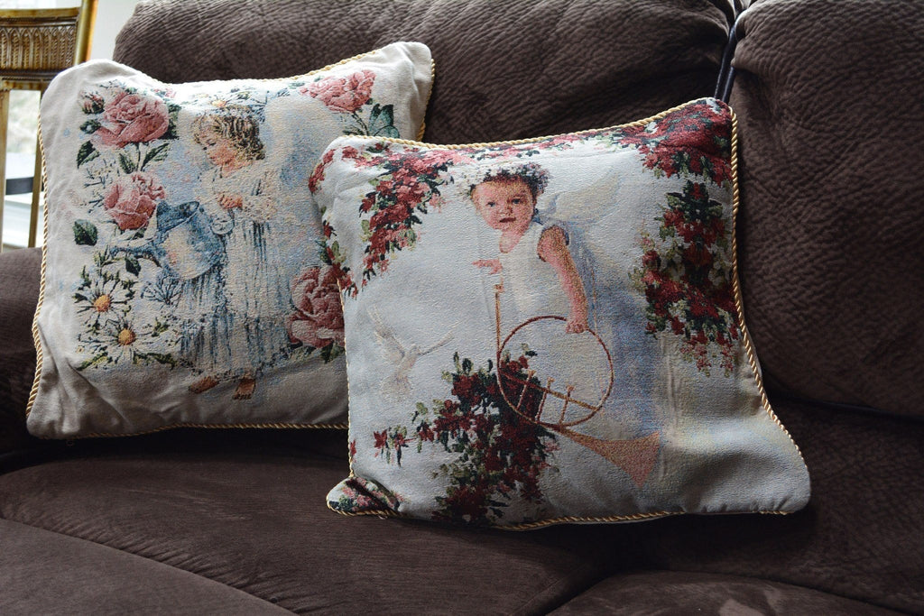 Tache Cupid's Horn Antique Rose Bird Dove Woven Tapestry Throw Pillow Cover (16375)