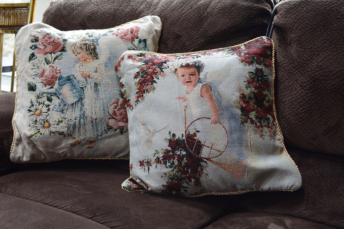 Tache Cupid's Horn Antique Rose Bird Dove Woven Tapestry Throw Pillow Cover (16375)