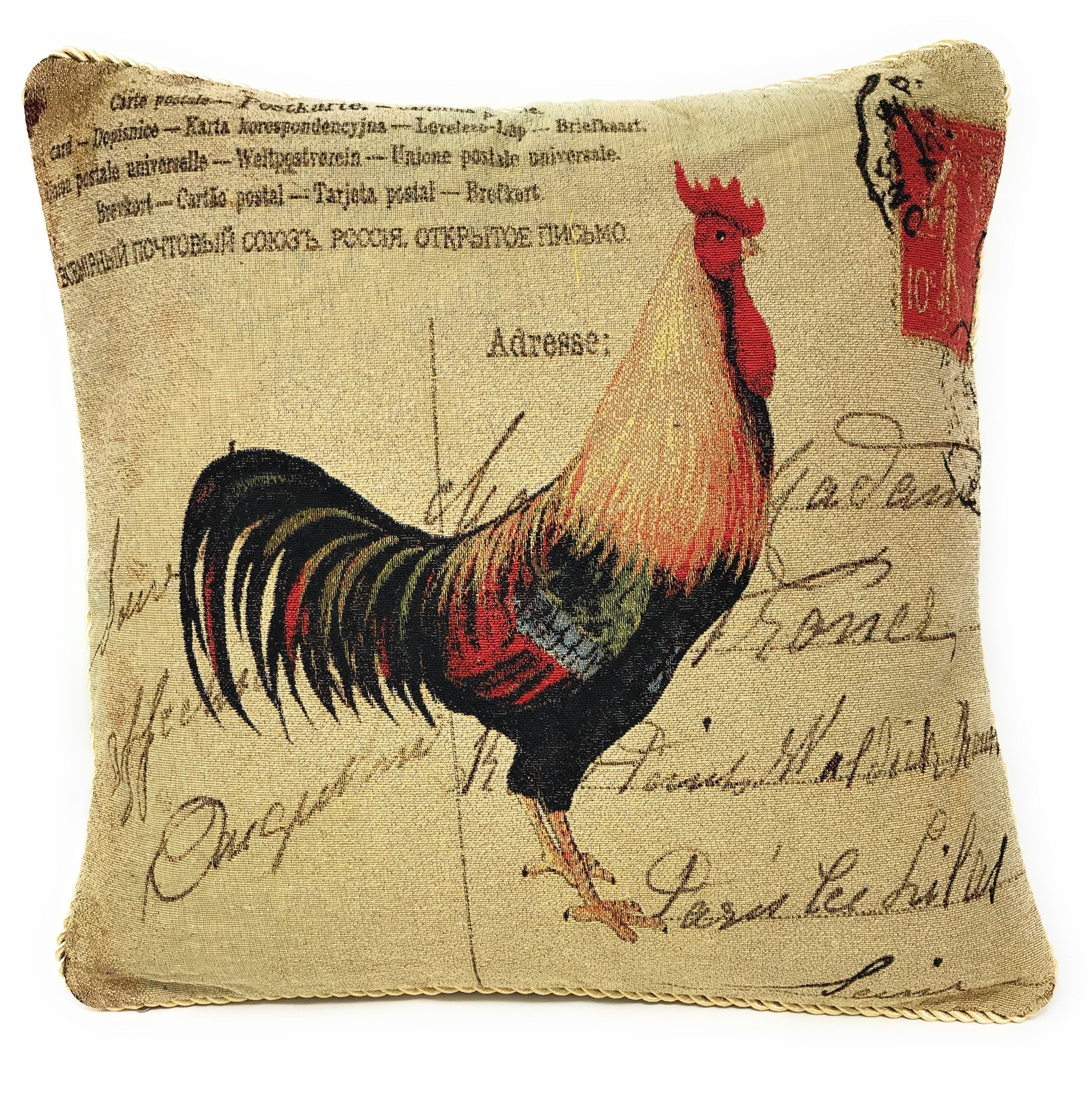 Tache Rooster Postcard European Farmhouse Cottage Vintage Tapestry Woven Throw Pillow Cover (15051)