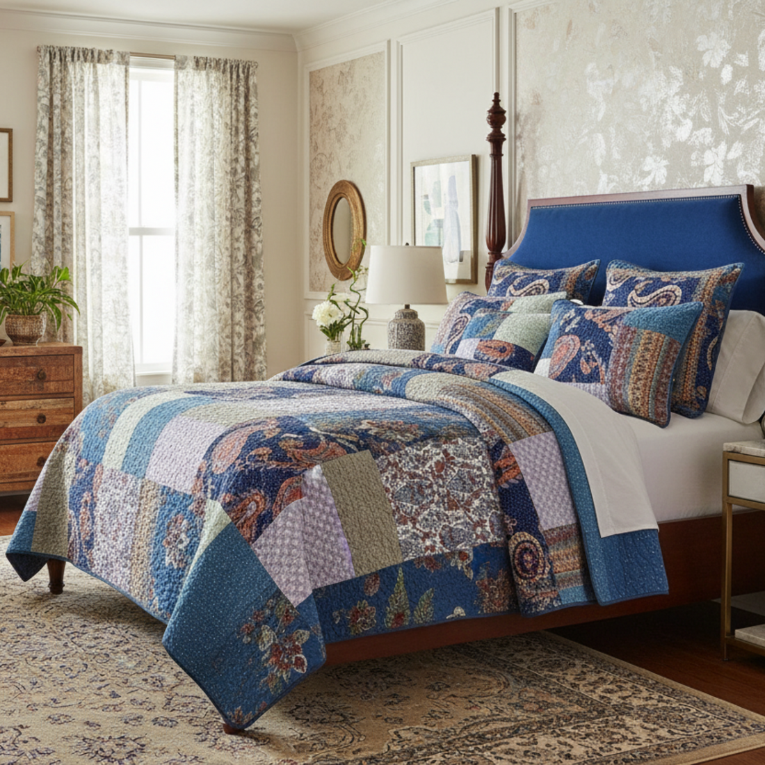 Taterbush Bohemian Night Flower Paisley Floral Navy Blue Pastel Cotton Patchwork Quilt Set (JHW-882)