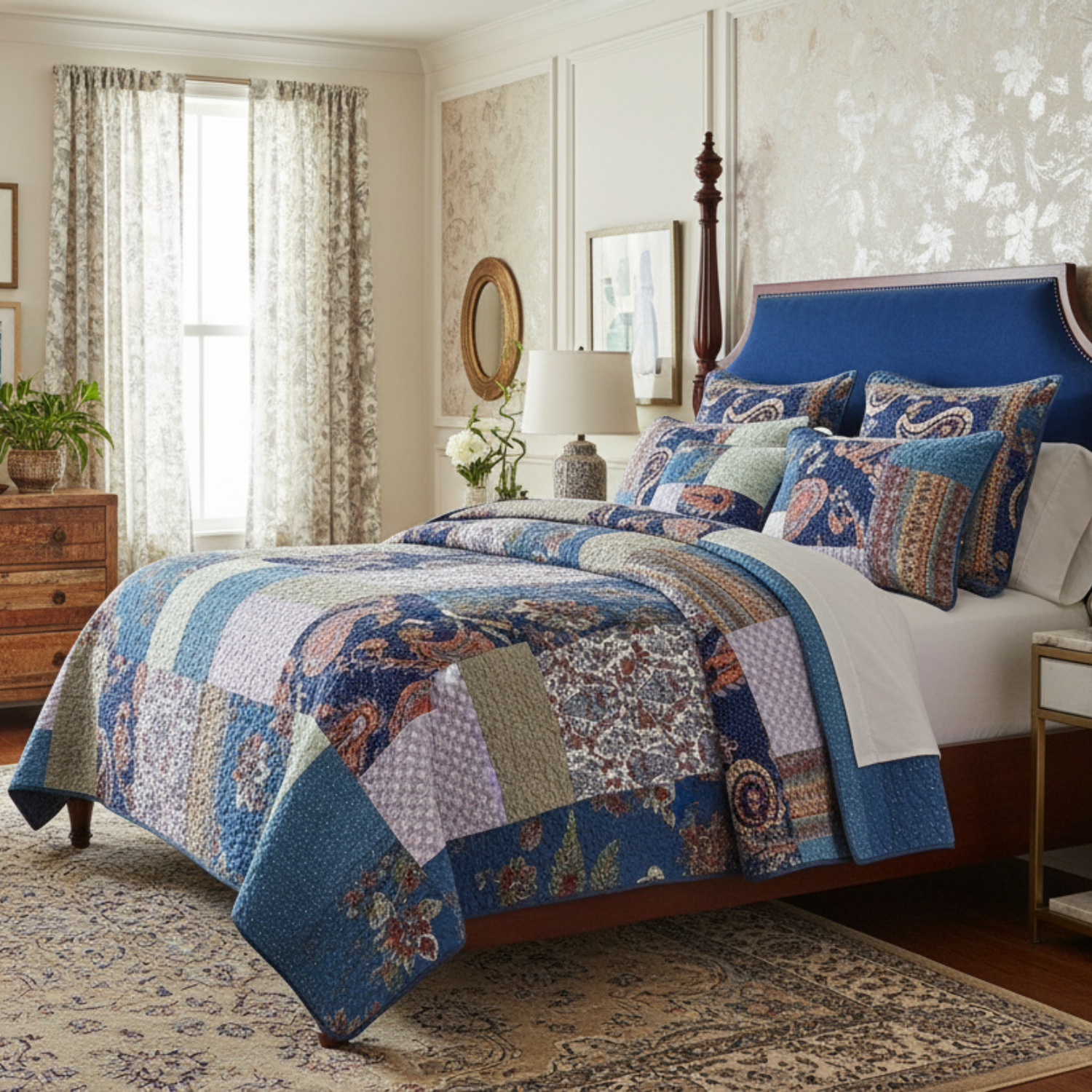 Tache Bohemian Night Flower Paisley Floral Navy Blue Pastel Cotton Patchwork Quilt Set (JHW-882)