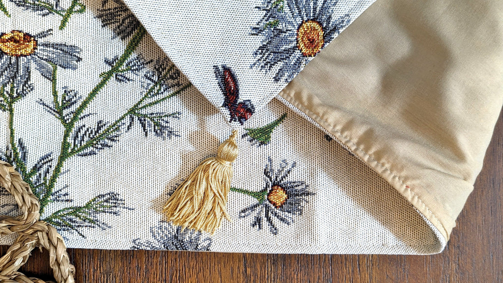 Tache Floral Yellow Daisies Ladybugs Ivory Woven Tapestry Table Runner (18114)