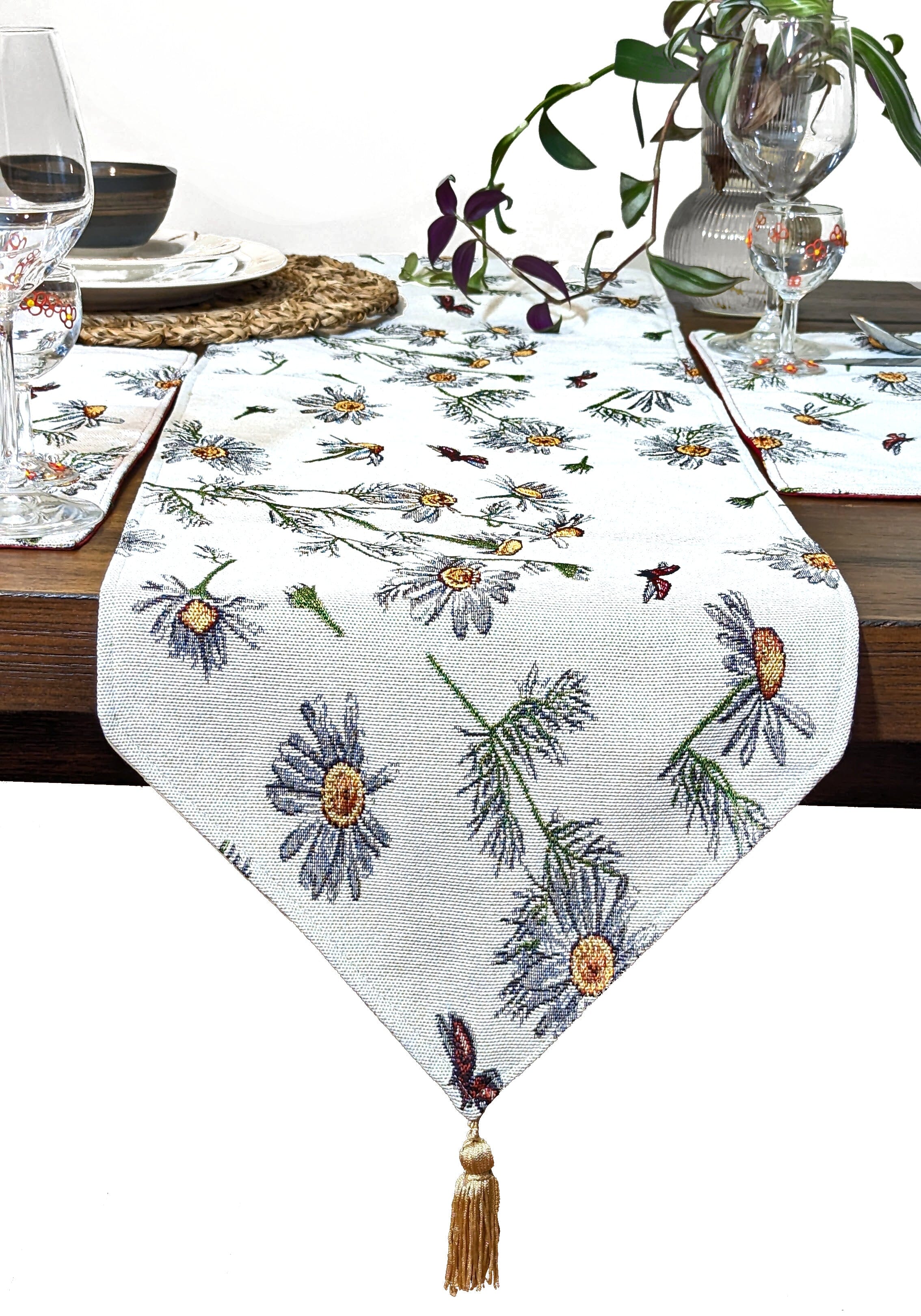Tache Floral Yellow Daisies Ladybugs Ivory Woven Tapestry Table Runner (18114)