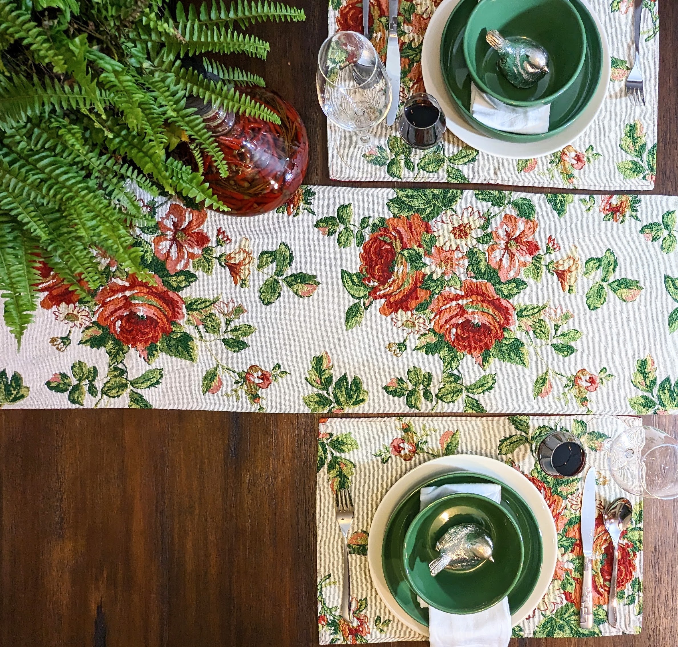 Taterbush Sweet Roses Vintage Ivory Woven Floral Tapestry Table Runners (17593TR)