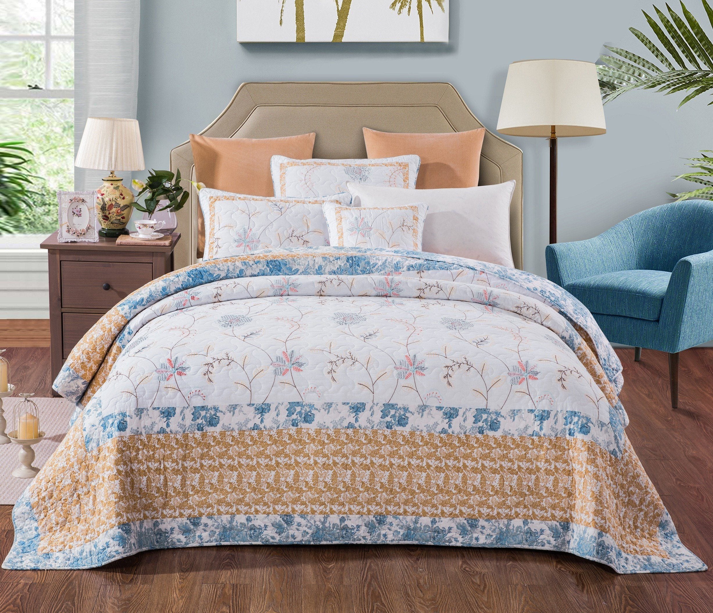 Tache Coastal Cottage Embroidered White Blue Yellow Floral Cotton Patchwork Quilt Set (JHW-668)