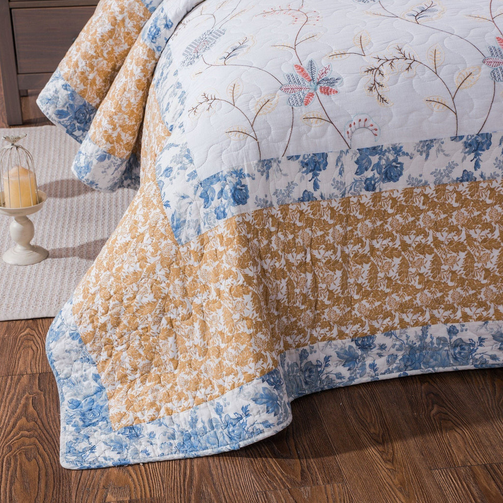 Tache Coastal Cottage Embroidered White Blue Yellow Floral Cotton Patchwork Quilt Set (JHW-668)