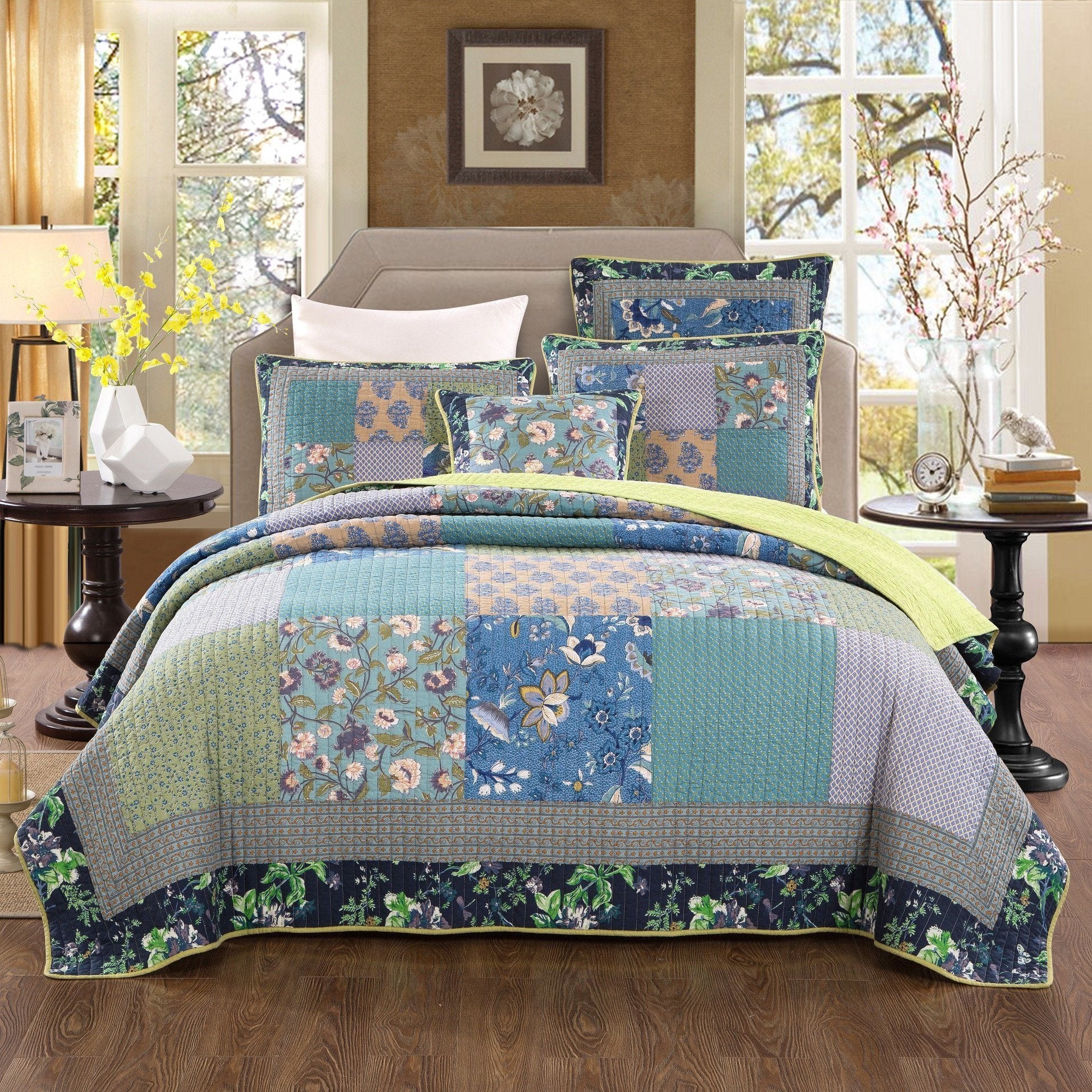 Tache Cotton Bohemian Tropical Calla Lily Quilted Patchwork Bedspread Set (JHW-687)