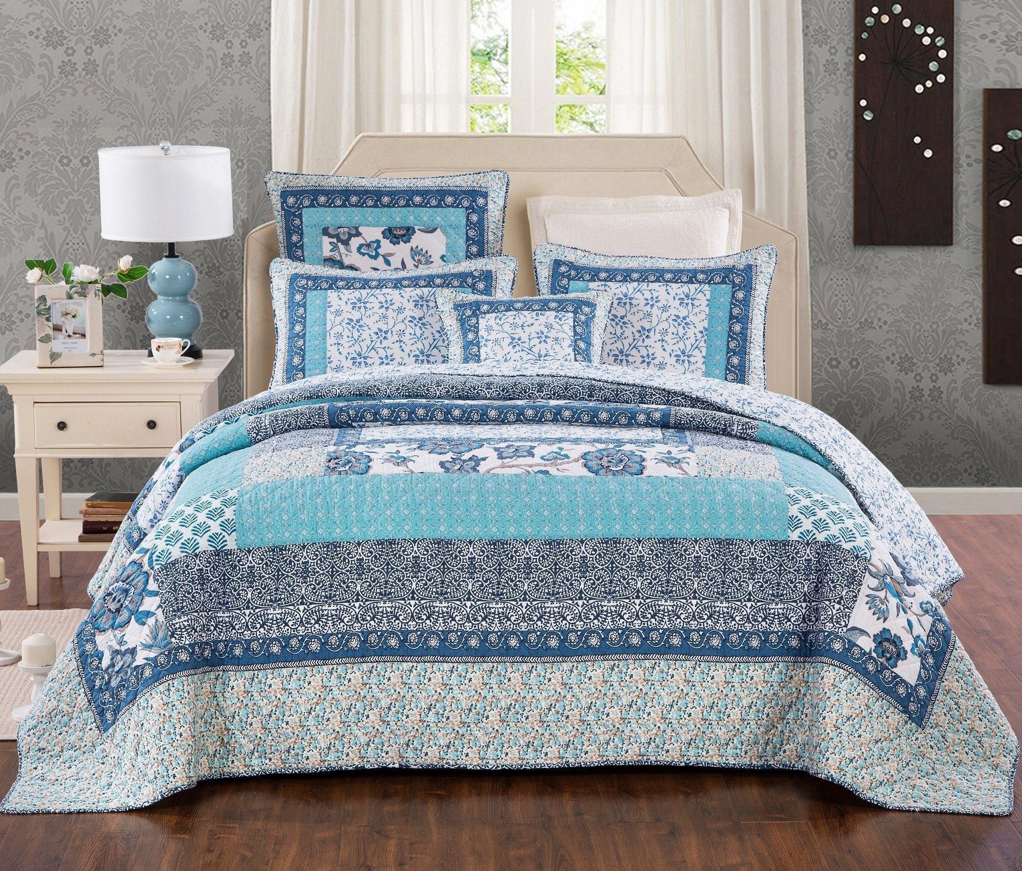 Tache cotton Floral Patchwork Blue Elegance Bedspread Coverlet Quilt Set (JHW-657)