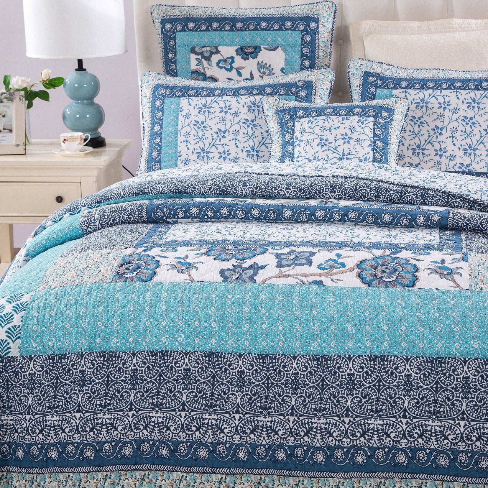 Tache cotton Floral Patchwork Blue Elegance Bedspread Coverlet Quilt Set (JHW-657)