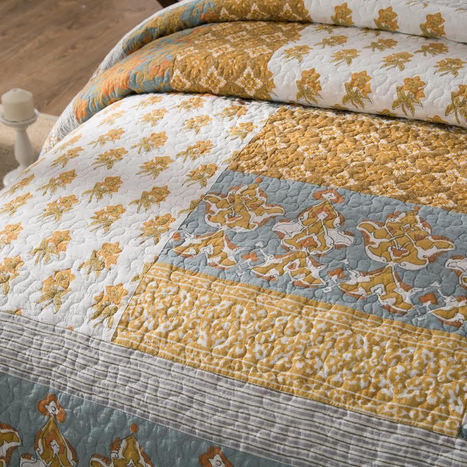 Tache 2-3 Piece Gilded Garden 100% Cotton Floral Gold Quilt Bedspread Set (JHW-631)