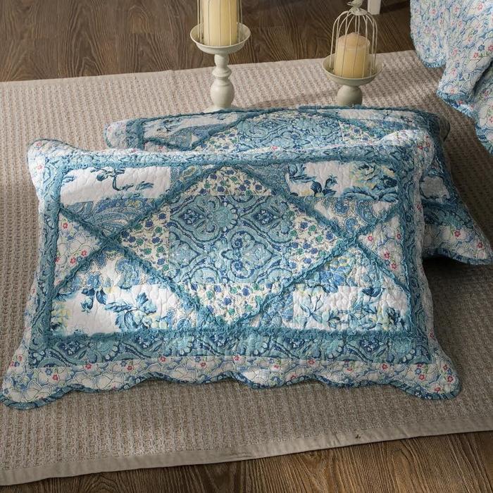 Taterbush Cotton Patchwork White Blue Floral Scalloped Petal Dance Pillow Sham (JHW-646)