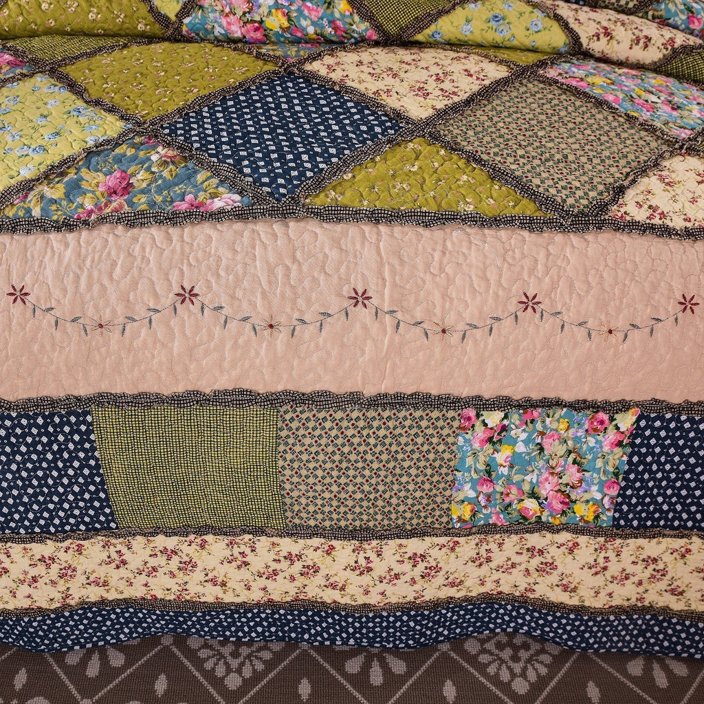 Tache Spring Shower Olive Green Navy Blue Floral Scalloped Cotton Patchwork Quilt Set (DXJ10077)