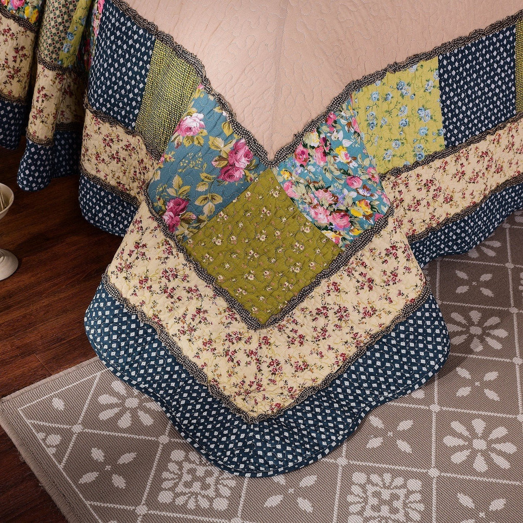 Tache Spring Shower Olive Green Navy Blue Floral Scalloped Cotton Patchwork Quilt Set (DXJ10077)