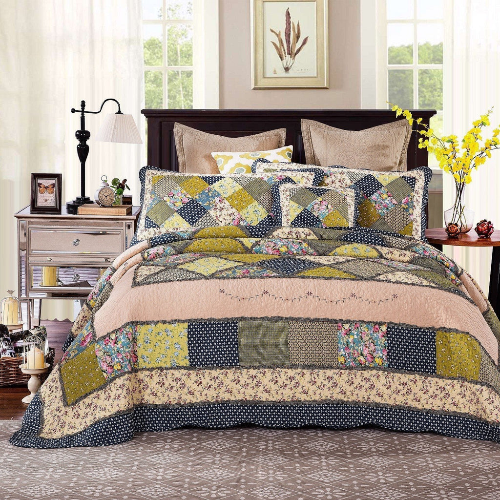 Tache Spring Shower Olive Green Navy Blue Floral Scalloped Cotton Patchwork Quilt Set (DXJ10077)