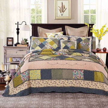 Tache Spring Shower Olive Green Navy Blue Floral Scalloped Cotton Patchwork Quilt Set (DXJ10077)